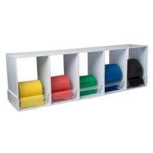 CanDo Dispens-a-Band exercise band rack, wood, 5 rolls, INCLUDING: 5 x 50 yard CanDo low powder set (yellow, red, green, blue, black)