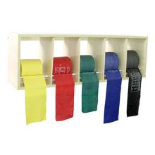 CanDo exercise band rack, plastic, 5 rolls, INCLUDING: 5 x 50 yard CanDo AccuForce low powder set (yellow, red, green, blue, black)