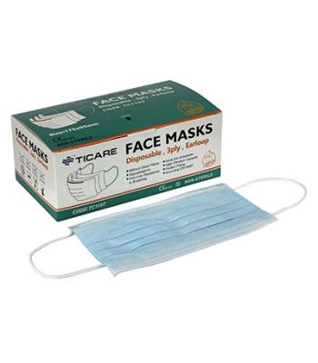 Ticare Face Masks, 3 ply disposable with ear loops, Box of 50