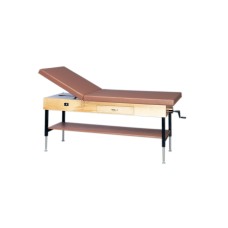 wooden treatment table - manual hi-low, shelf, drawer, upholstered, 78" L x 30" W x 25" - 33" H, 2-section