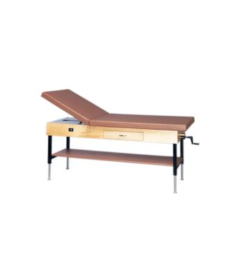 wooden treatment table - manual hi-low, shelf, drawer, upholstered, 78" L x 30" W x 25" - 33" H, 2-section
