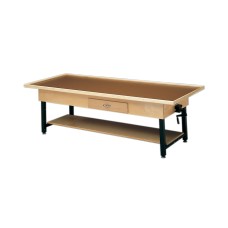 wooden treatment table - manual hi-low, raised-rim, shelf, drawer, 78" L x 30" W x 25" - 33" H