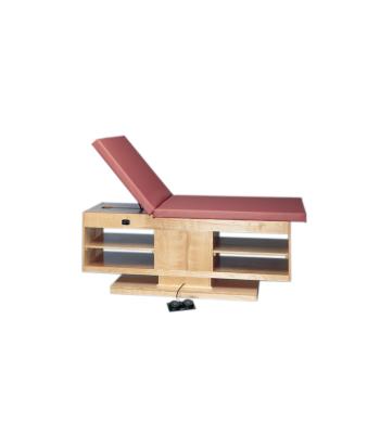 wooden treatment table - electric hi-low, shelves, upholstered, 78" L x 30" W x 27" - 39" H, 2-section