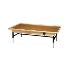 wooden platform table - manual hi-low, raised-rim, 7' x 4' x (19" - 27")