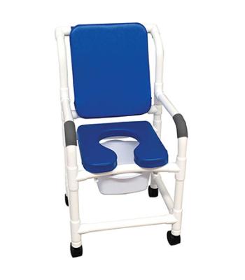 MJM International, deluxe shower chair (18"), twin casters (3"), cushioned padded, blue
