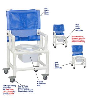 MJM International, shower chair (18"), dual drop down armrests, square pail
