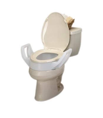 Elevated toilet seat with arms and lock-on bracket