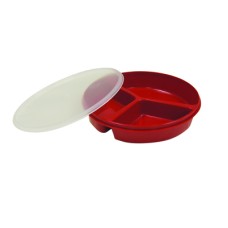 Partitioned scoop dish with cover, red, 8"