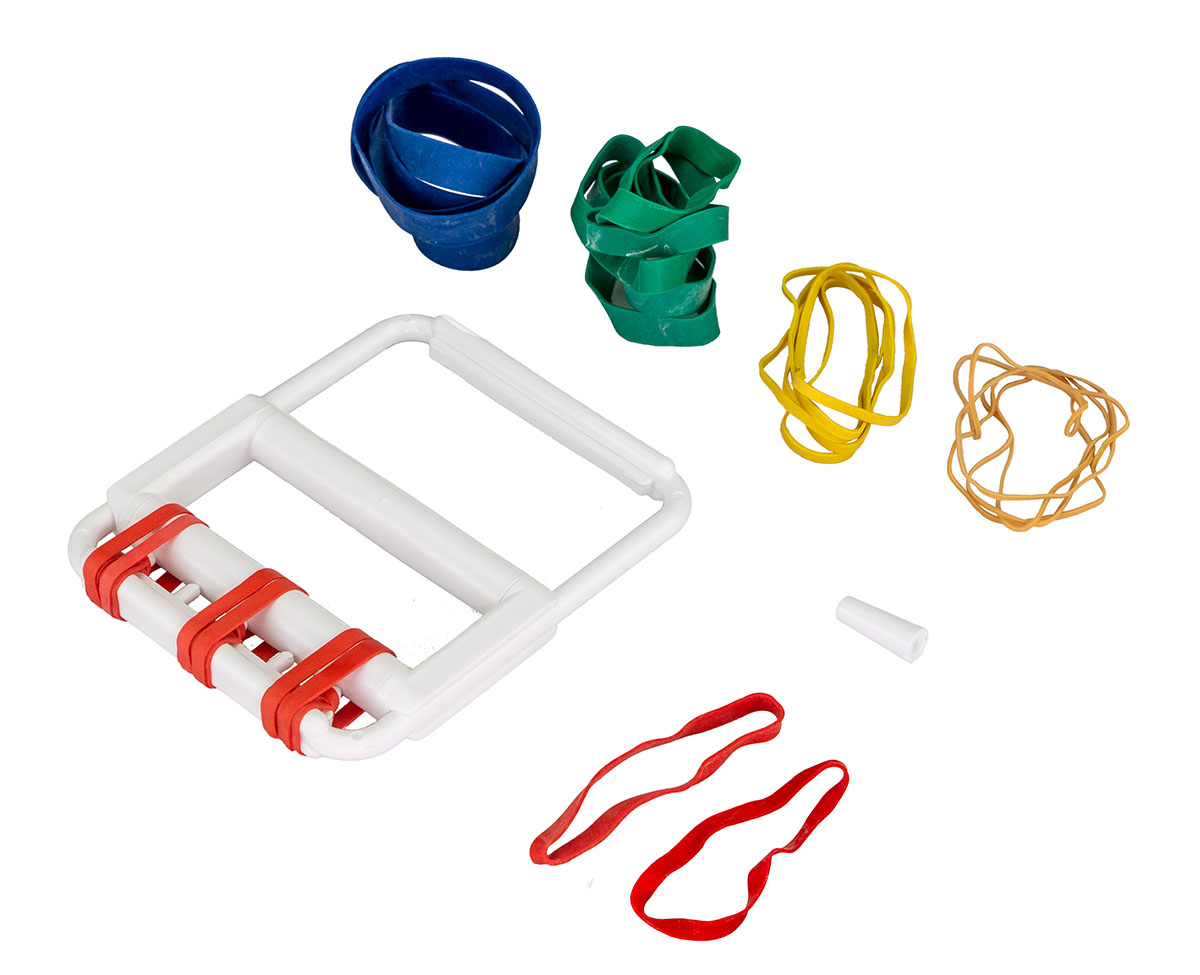CanDo Latex Free rubber-band hand exerciser with 25 bands (5 each: tan yellow red green blue)