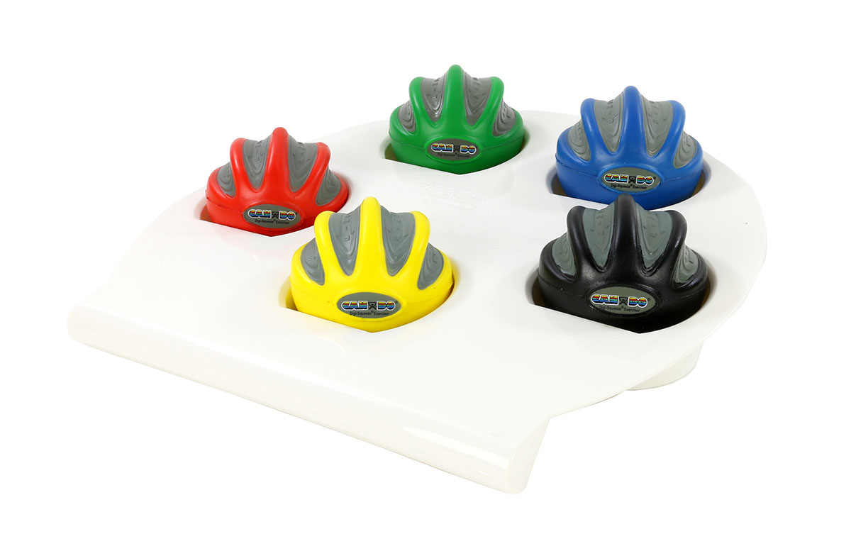CanDo Digi-Squeeze hand exerciser - Small - set of 5 pieces (yellow red green blue black) with rack