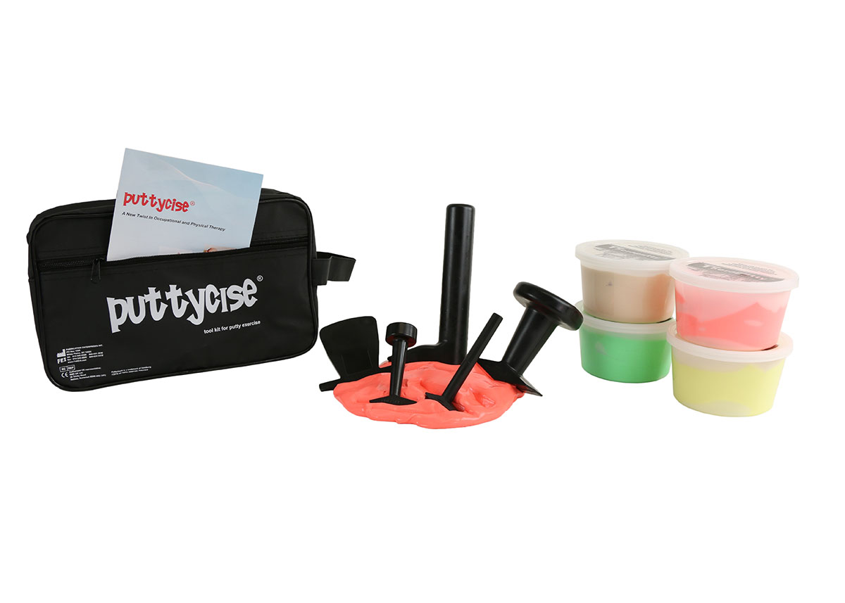 Puttycise Theraputty tool - 5-tool set with 4 x 1 lb putties easy (tan-green) with bag