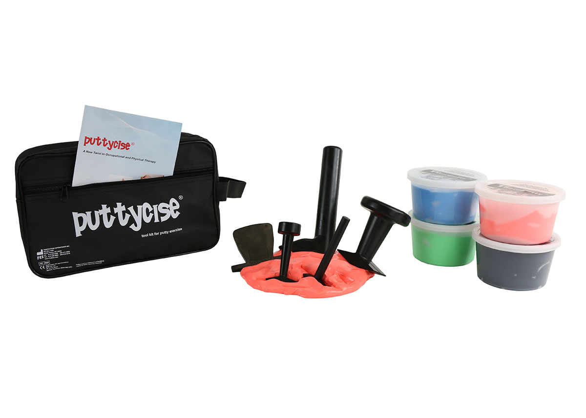 Puttycise Theraputty tool - 5-tool set with 4 x 1 lb putties difficult (red-black) with bag