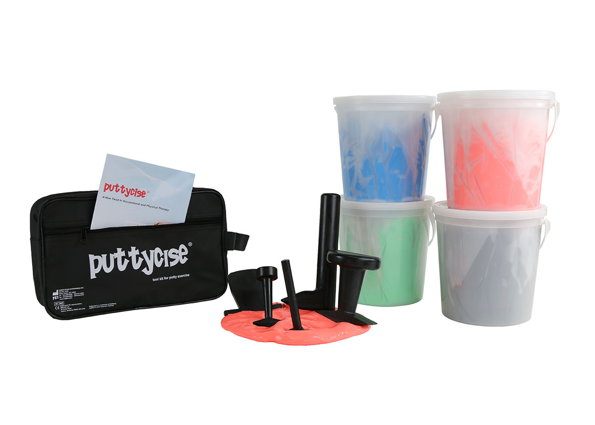 Puttycise Theraputty tool - 5-tool set with 4 x 5 lb putties difficult (red-black) with bag