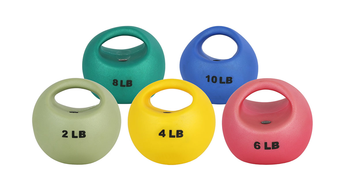 CanDo One Handle Medicine Ball - 5 pc set (Tan Yellow Red Green Blue)