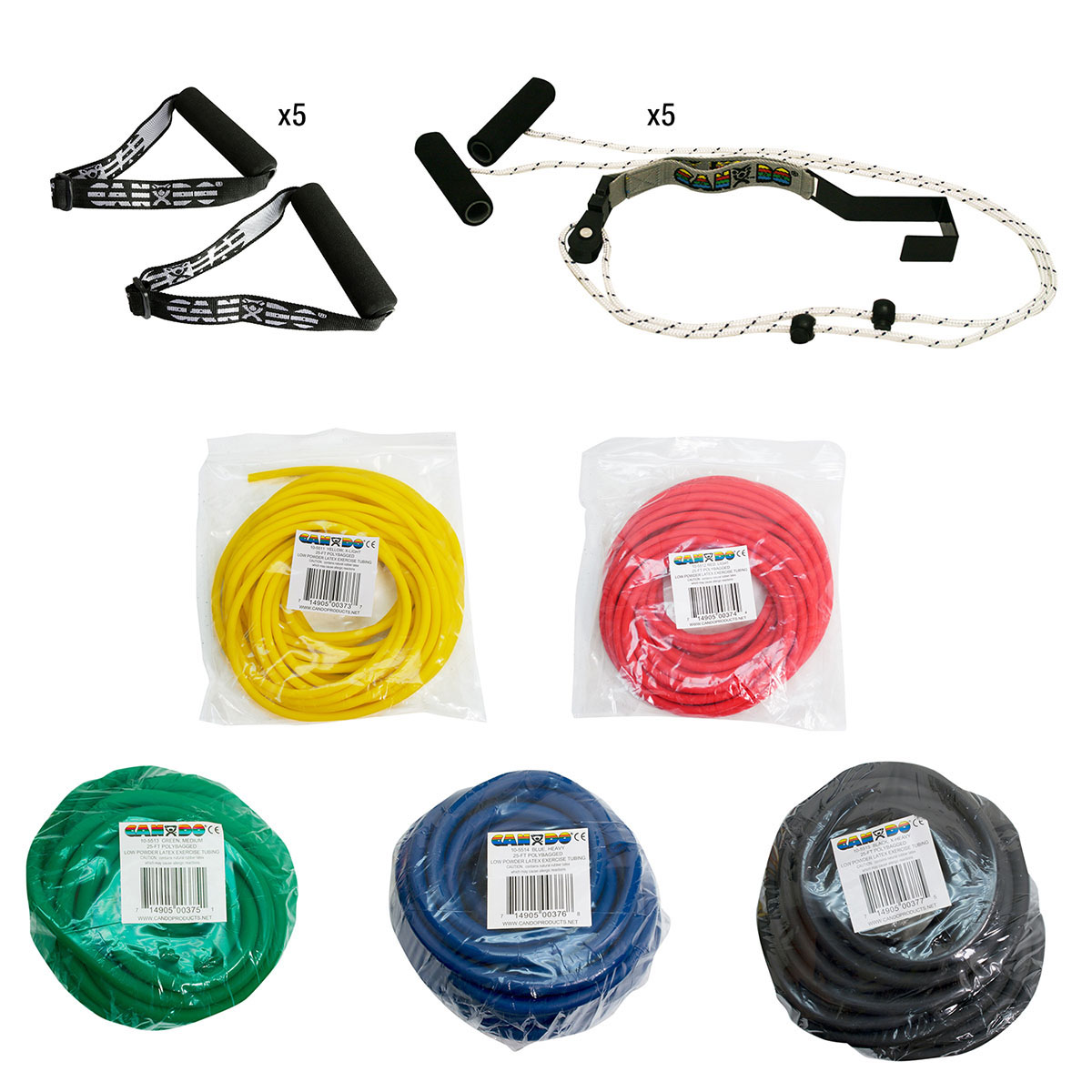 CanDo shoulder pulley with exercise tubing and handles set of 5 (1 each: yellow red green blue black)
