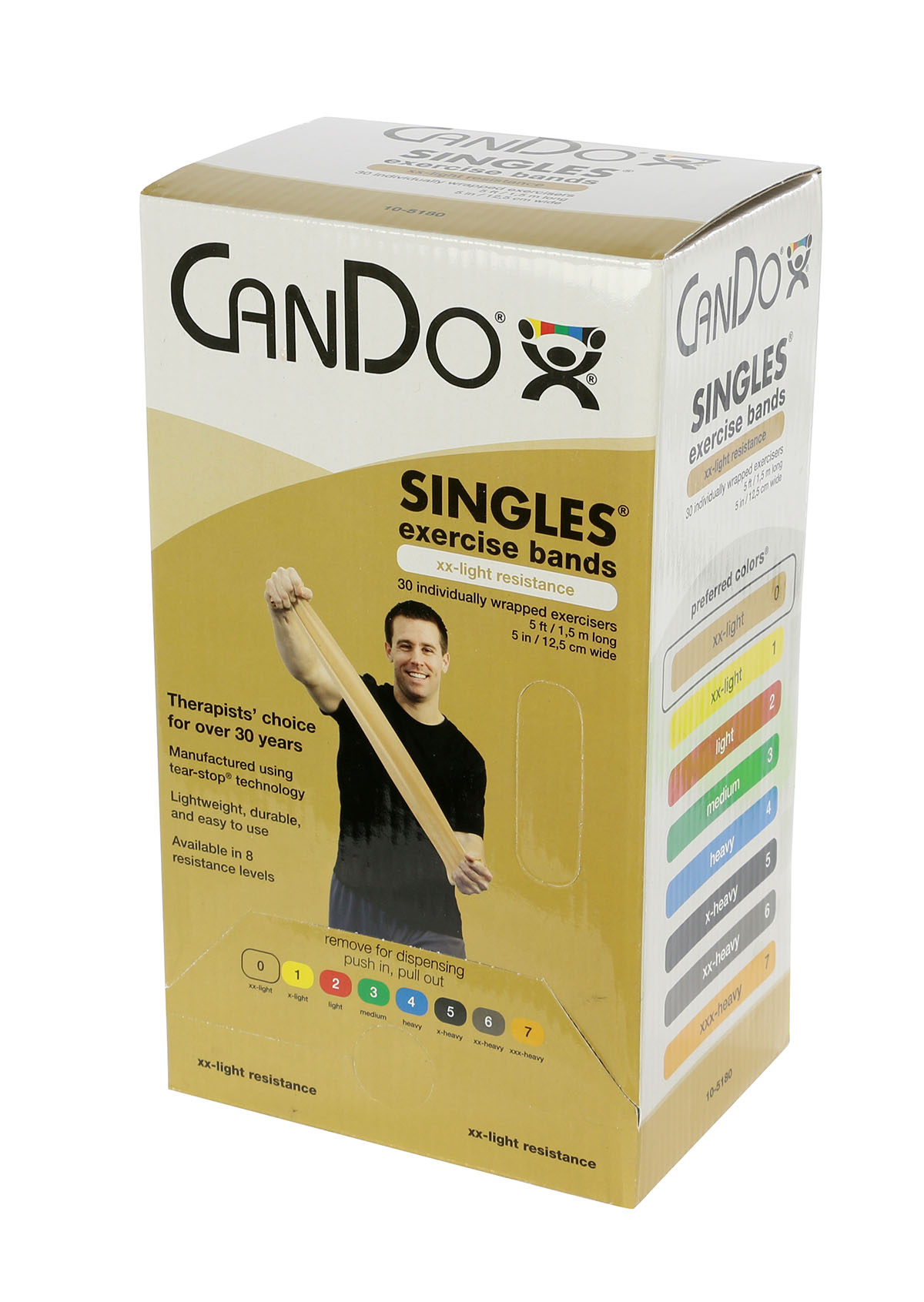 CanDo Low Powder Exercise Band - box of 30 5' length - Tan - xx-light