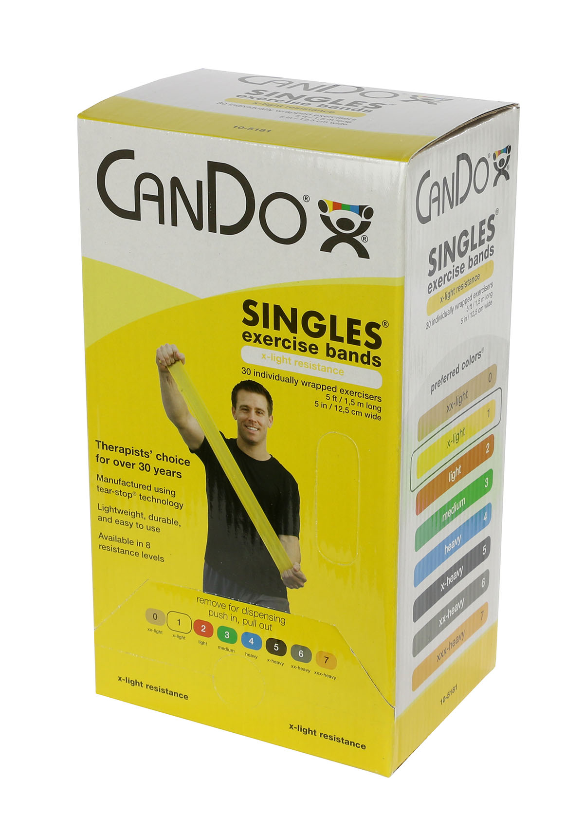 CanDo Low Powder Exercise Band - box of 30 5' length - Yellow - x-light