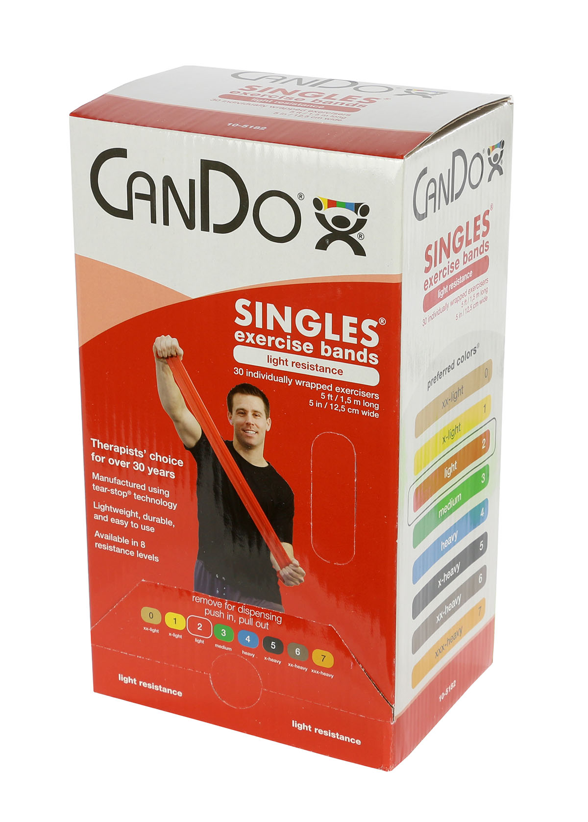 CanDo Low Powder Exercise Band - box of 30 5' length - Red - light