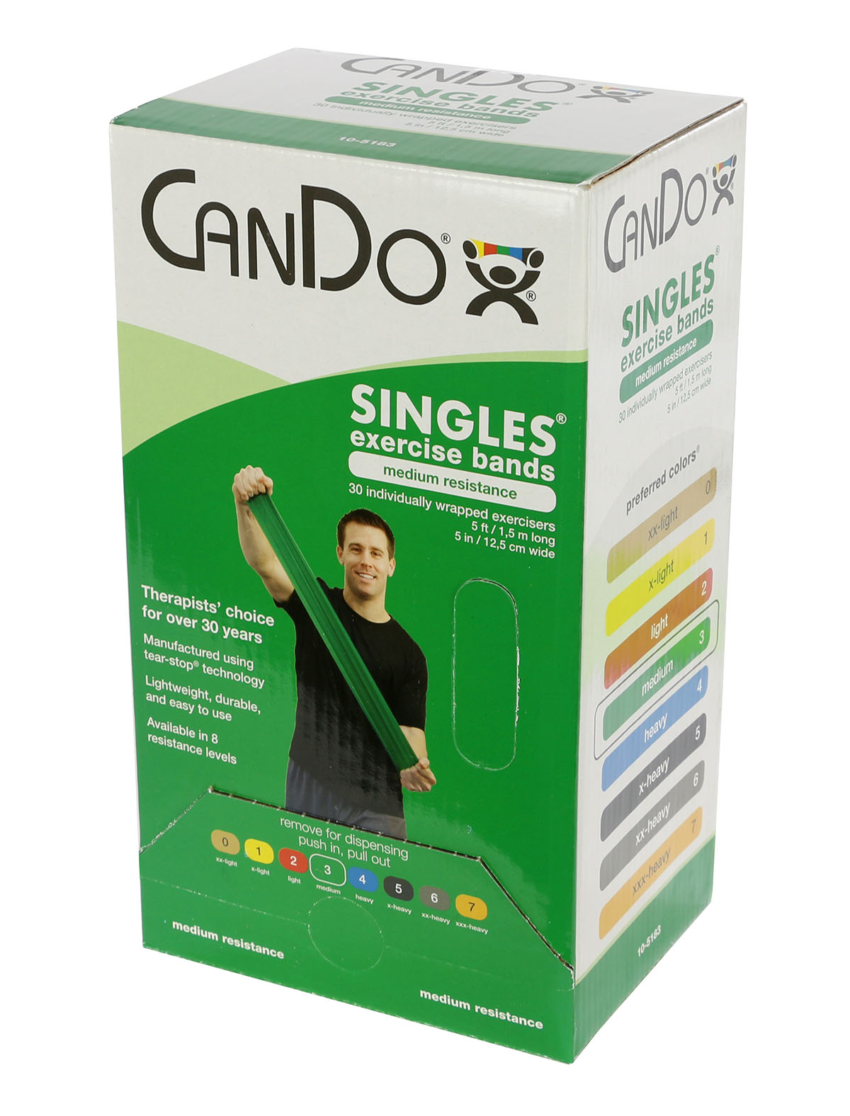 CanDo Low Powder Exercise Band - box of 30 5' length - Green - medium