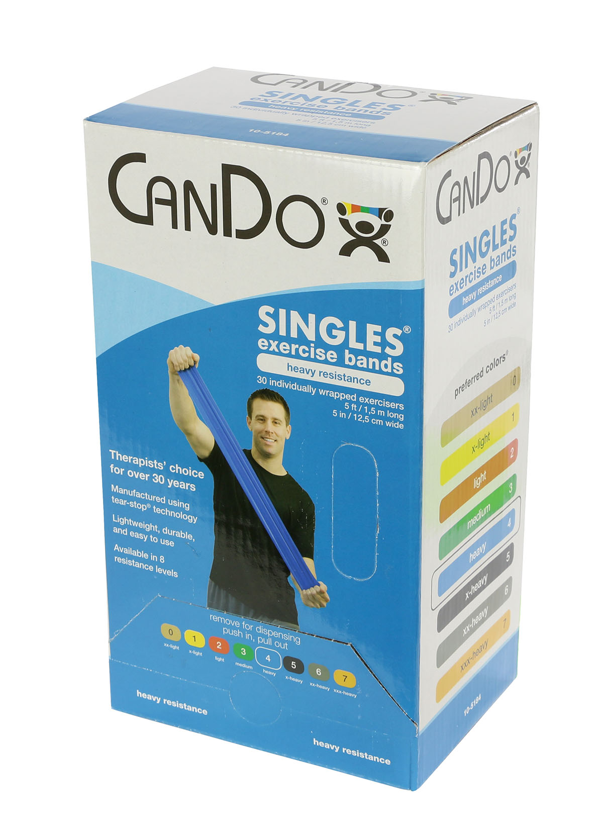CanDo Low Powder Exercise Band - box of 30 5' length - Blue - heavy