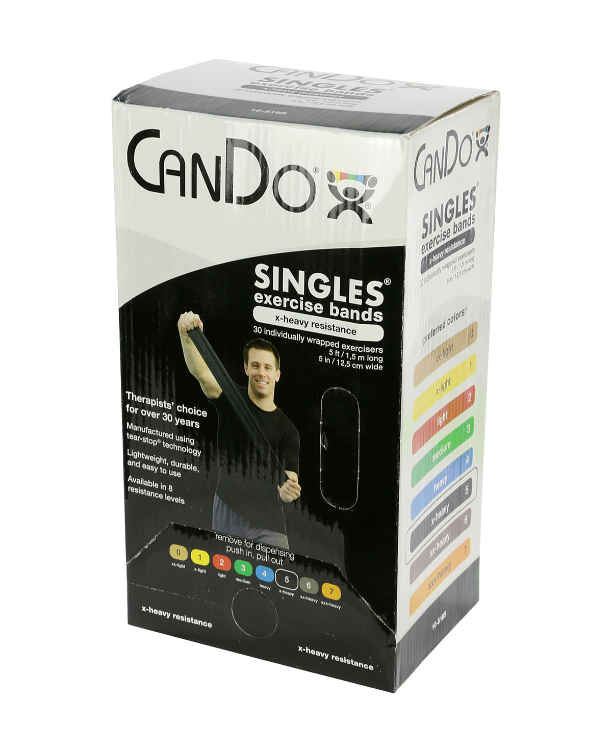 CanDo Low Powder Exercise Band - box of 30 5' length - Black - x-heavy