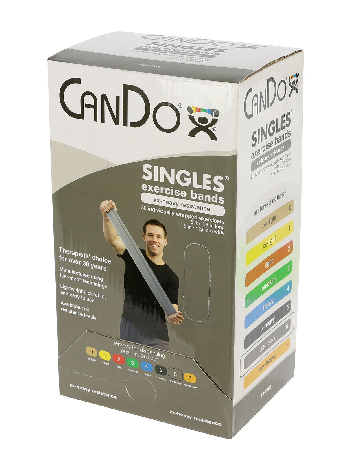 CanDo Low Powder Exercise Band - box of 30 5' length - Silver - xx-heavy