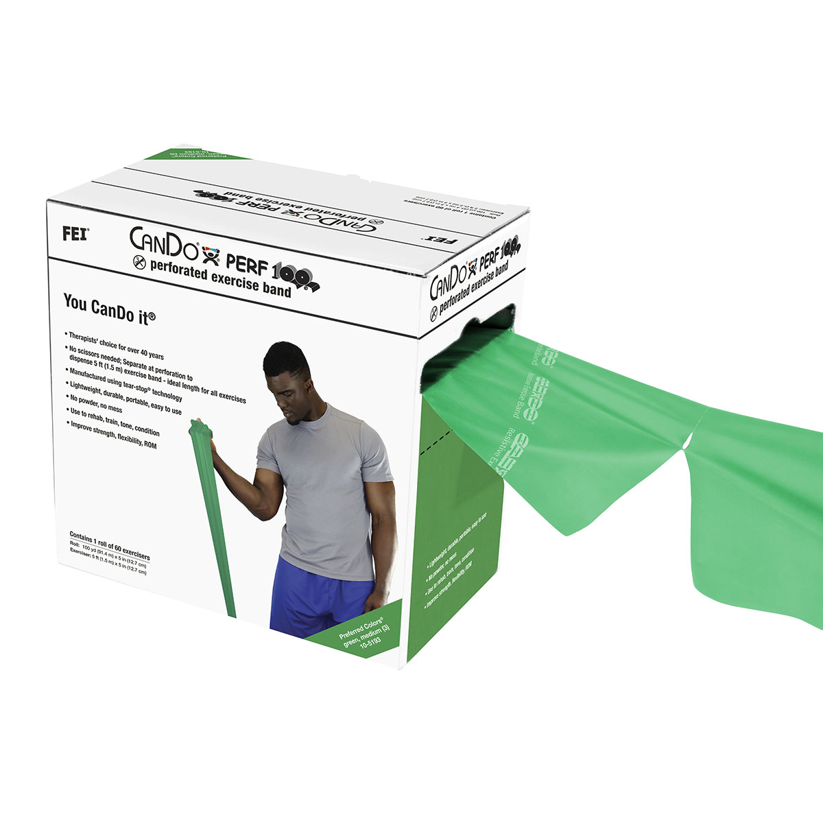 CanDo Low Powder Exercise Band - 100 yard Perf 100 roll - Green - medium