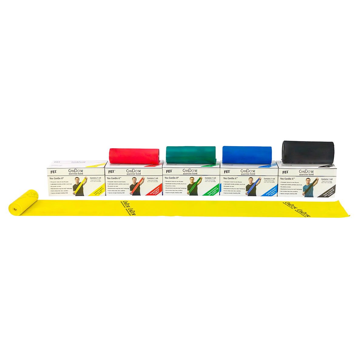 CanDo Low Powder Exercise Band - 6 yard rolls 5-piece set (1 each: yellow red green blue black)