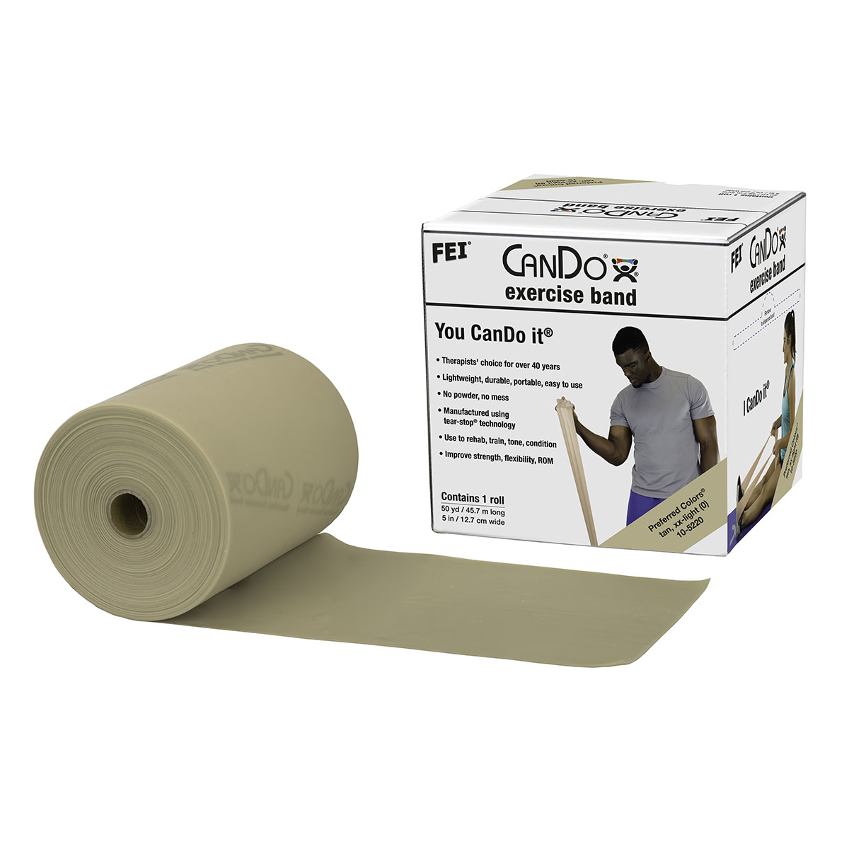 CanDo Low Powder Exercise Band - 50 yard roll - Tan - xx-light