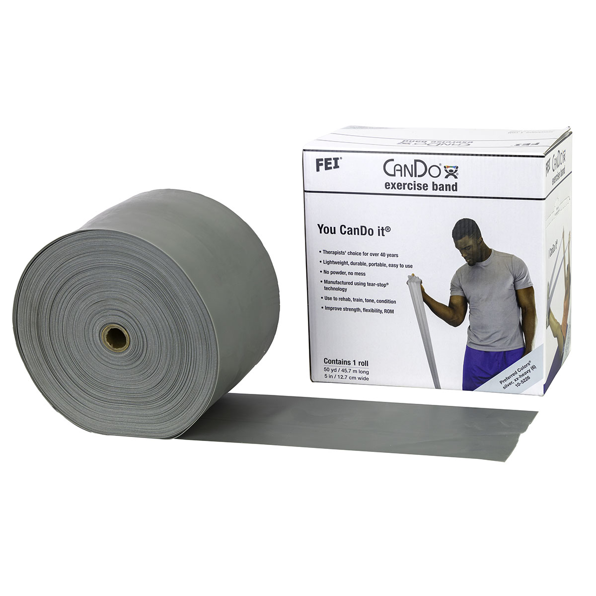 CanDo Low Powder Exercise Band - 50 yard roll - Silver - xx-heavy