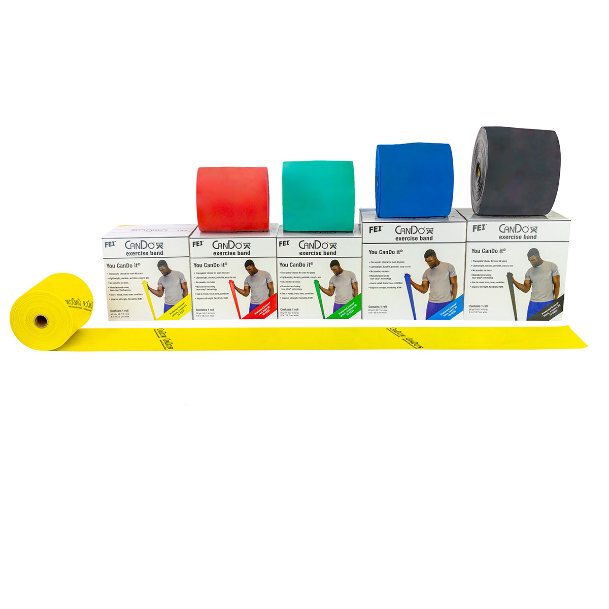 CanDo Low Powder Exercise Band - 50 yard rolls 5-piece set (1 each: yellow red green blue black)