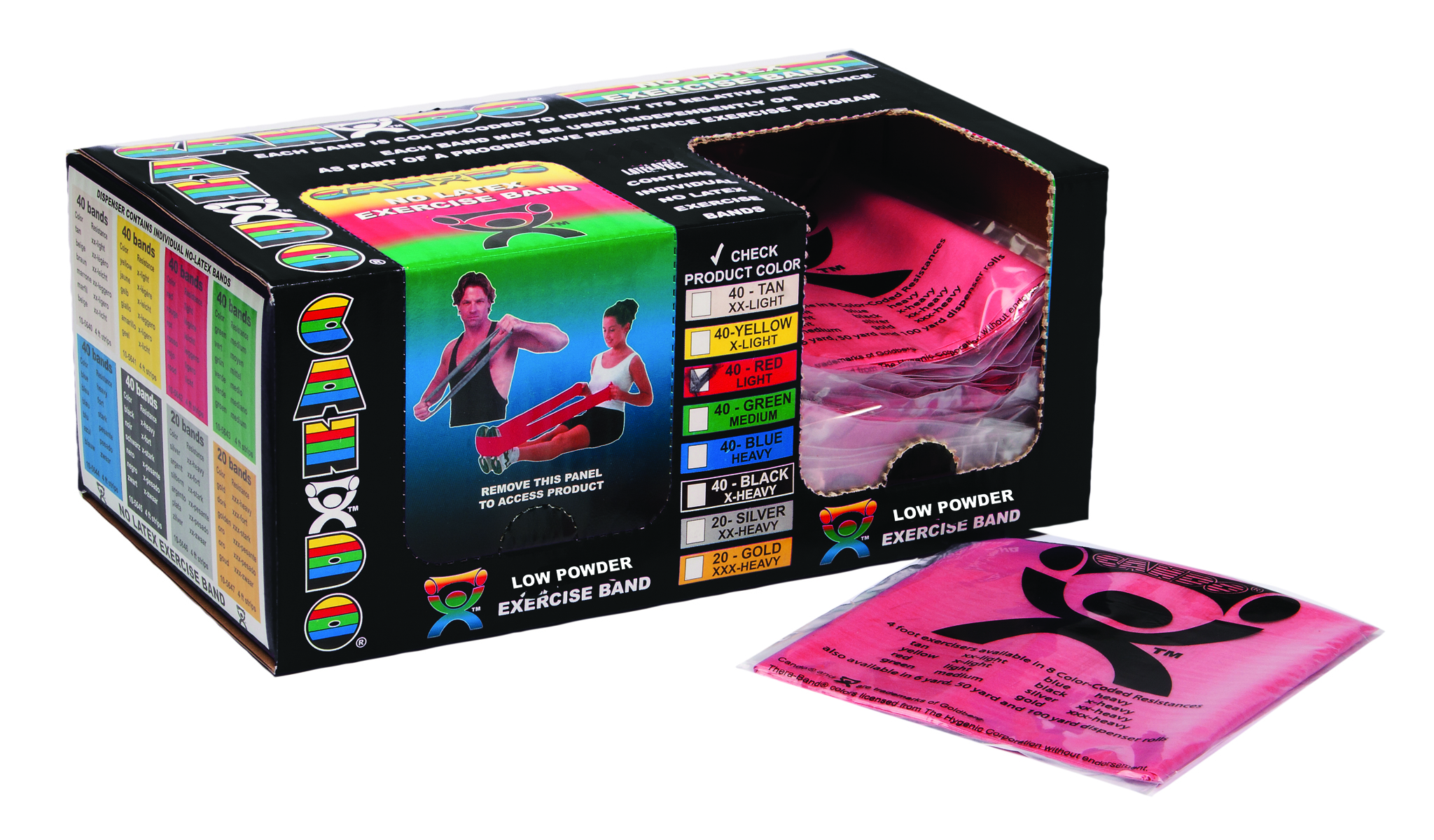 CanDo Low Powder Exercise Band - box of 40 4' length - Red - light