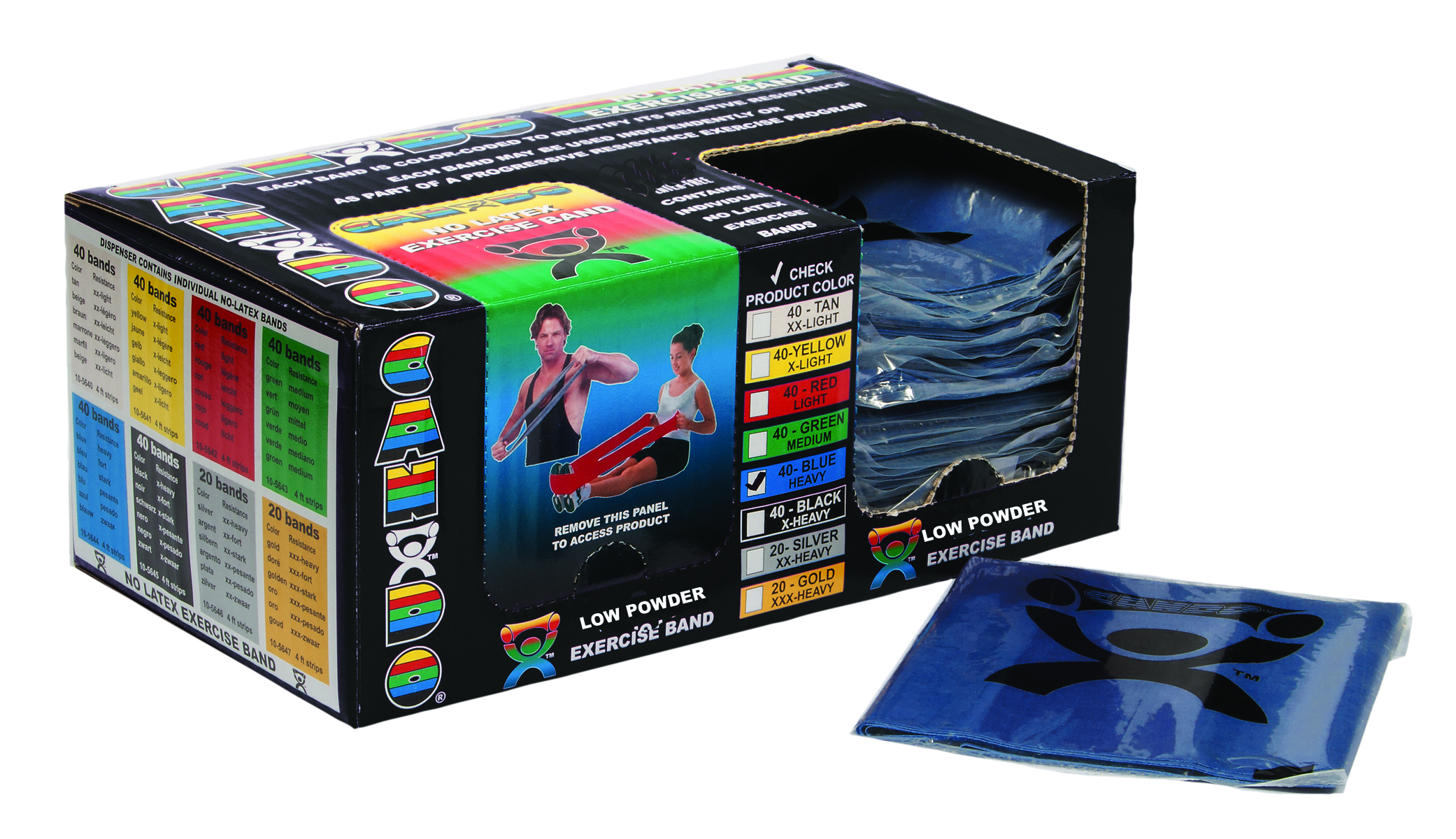 CanDo Low Powder Exercise Band - box of 40 4' length - Blue - heavy