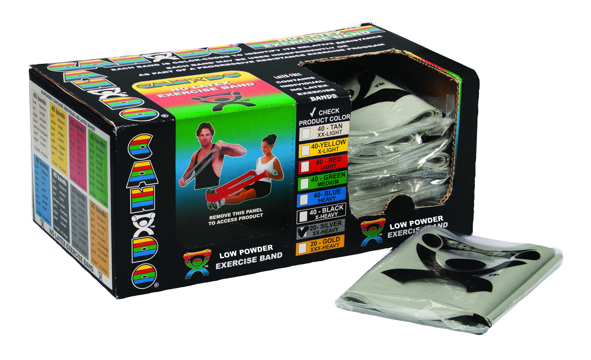 CanDo Low Powder Exercise Band - case of 40 (2 ea: boxes of 20) 4' length - Silver - xx-heavy