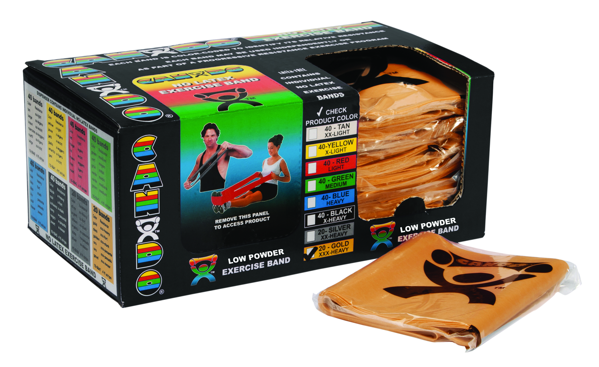 CanDo Low Powder Exercise Band - case of 40 (2 ea: boxes of 20) 4' length - Gold - xxx-heavy