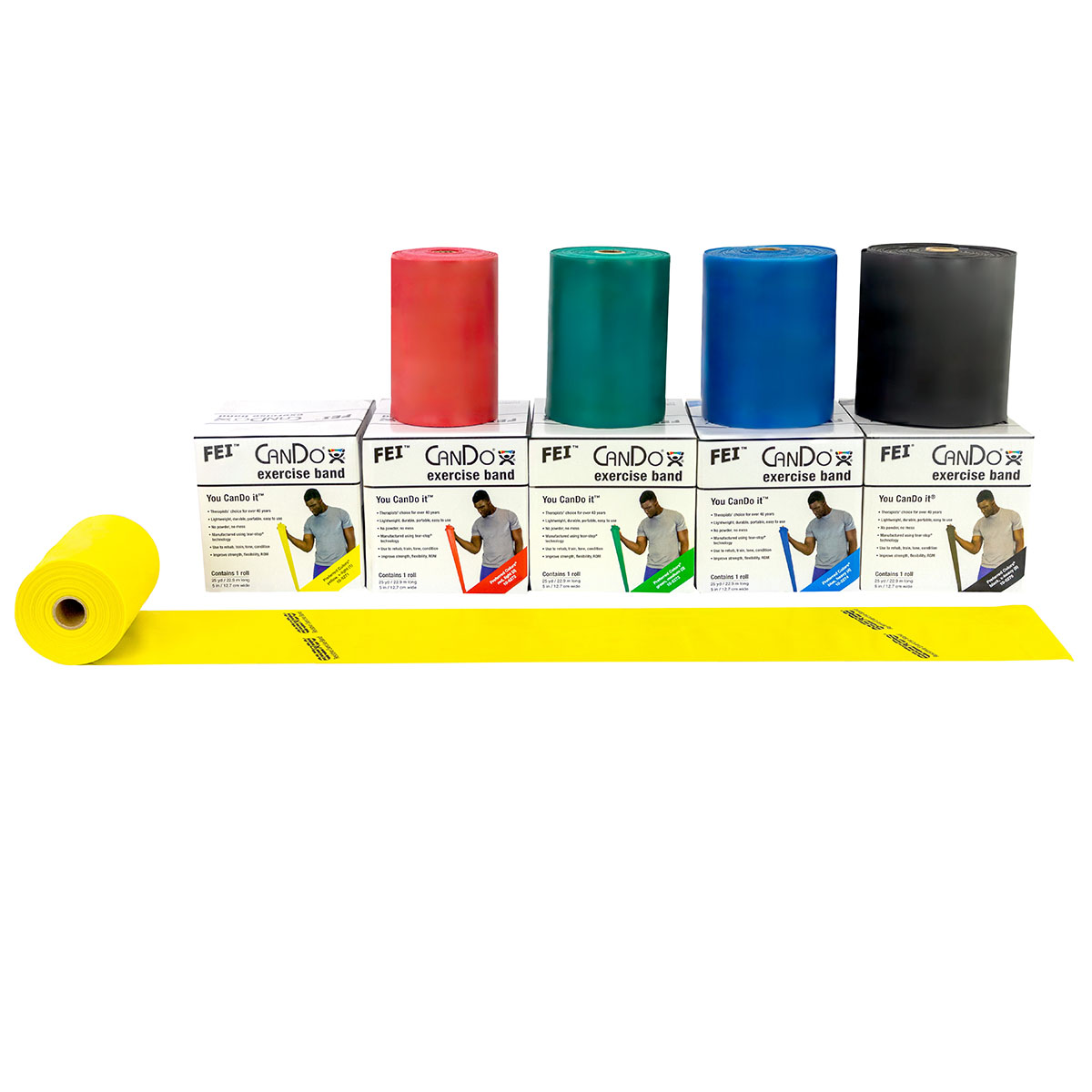 CanDo Low Powder Exercise Band - 25 yard rolls 5-piece set (1 each: yellow red green blue black)