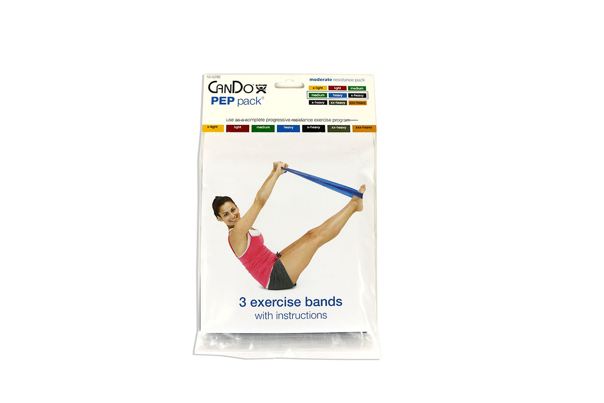 CanDo Low Powder Exercise Band Pep Pack - Moderate with green blue and black band