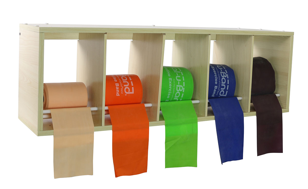 CanDo exercise band rack plastic 5 rolls INCLUDING: Val-u-Band - Latex Free - 5 x 50 yard rolls (peach orange lime blueberry plum)