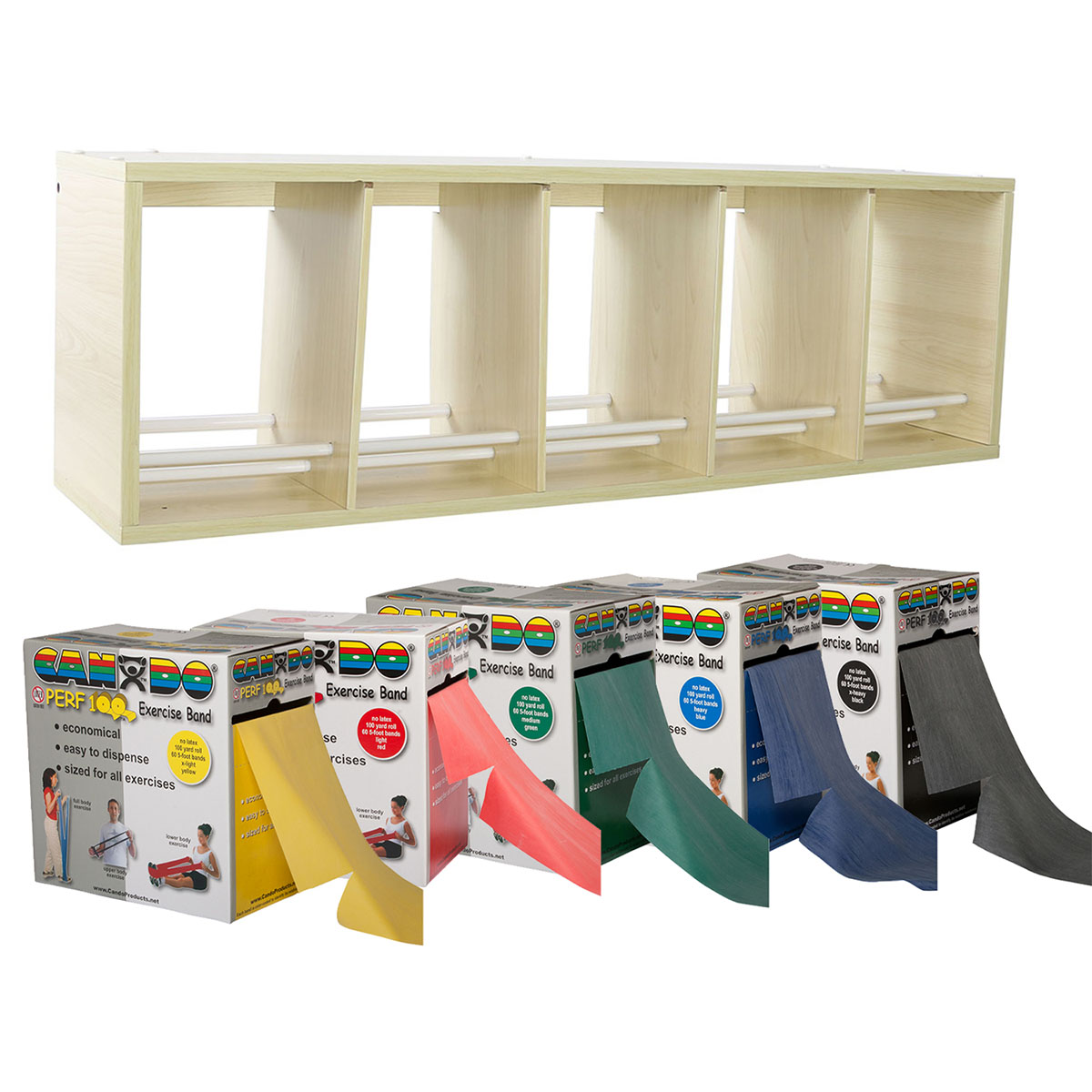 CanDo exercise band rack plastic 5 rolls INCLUDING: Perf 100 - Latex Free- 5 x 100 yard rolls (yellow red green blue black)