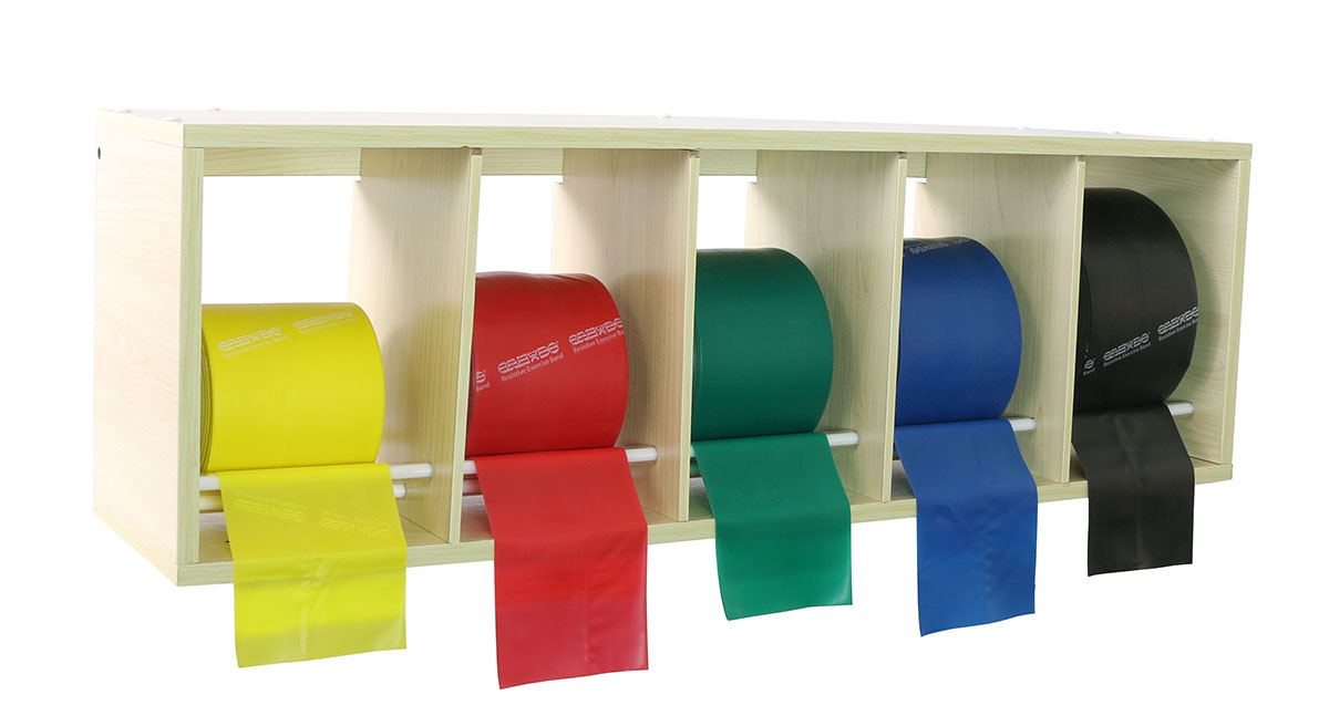 CanDo exercise band rack plastic 5 rolls INCLUDING: 5 x 50 yard CanDo low powder set (yellow red green blue black)