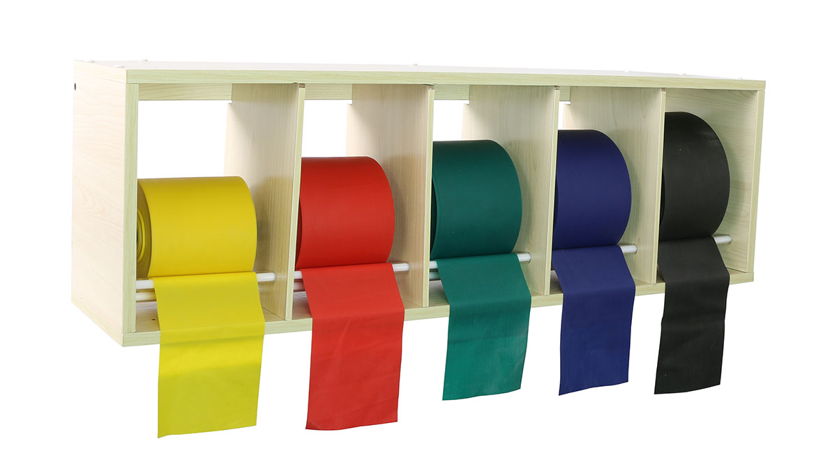 CanDo exercise band rack plastic 5 rolls INCLUDING: 5 x 50 yard CanDo latex free set (yellow red green blue black)