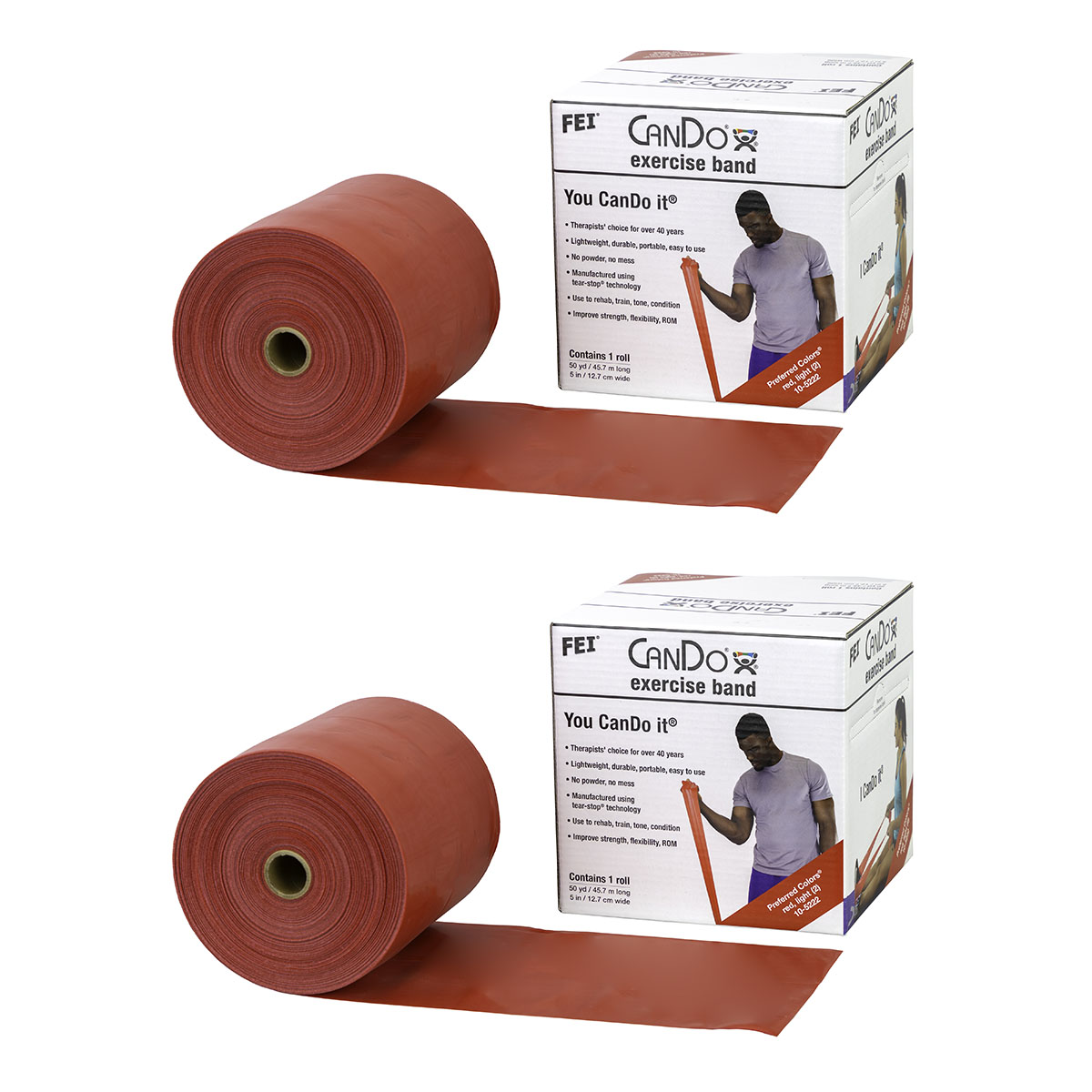 CanDo Low Powder Exercise Band - Twin-Pak - 100 yard (2 x 50 yard rolls) - Red - light