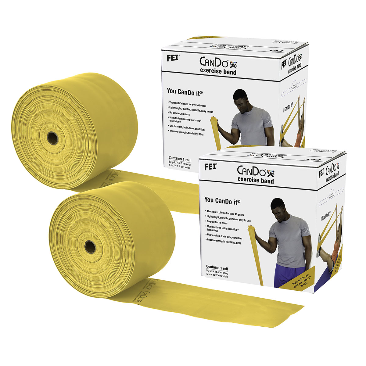CanDo Low Powder Exercise Band - Twin-Pak - 100 yard (2 x 50 yard rolls) - Gold - xxx-heavy