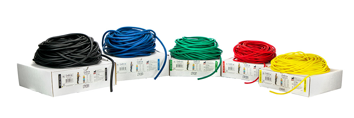CanDo Low Powder Exercise Tubing - 100' dispenser rolls 5-piece set (1 each: yellow red green blue black)