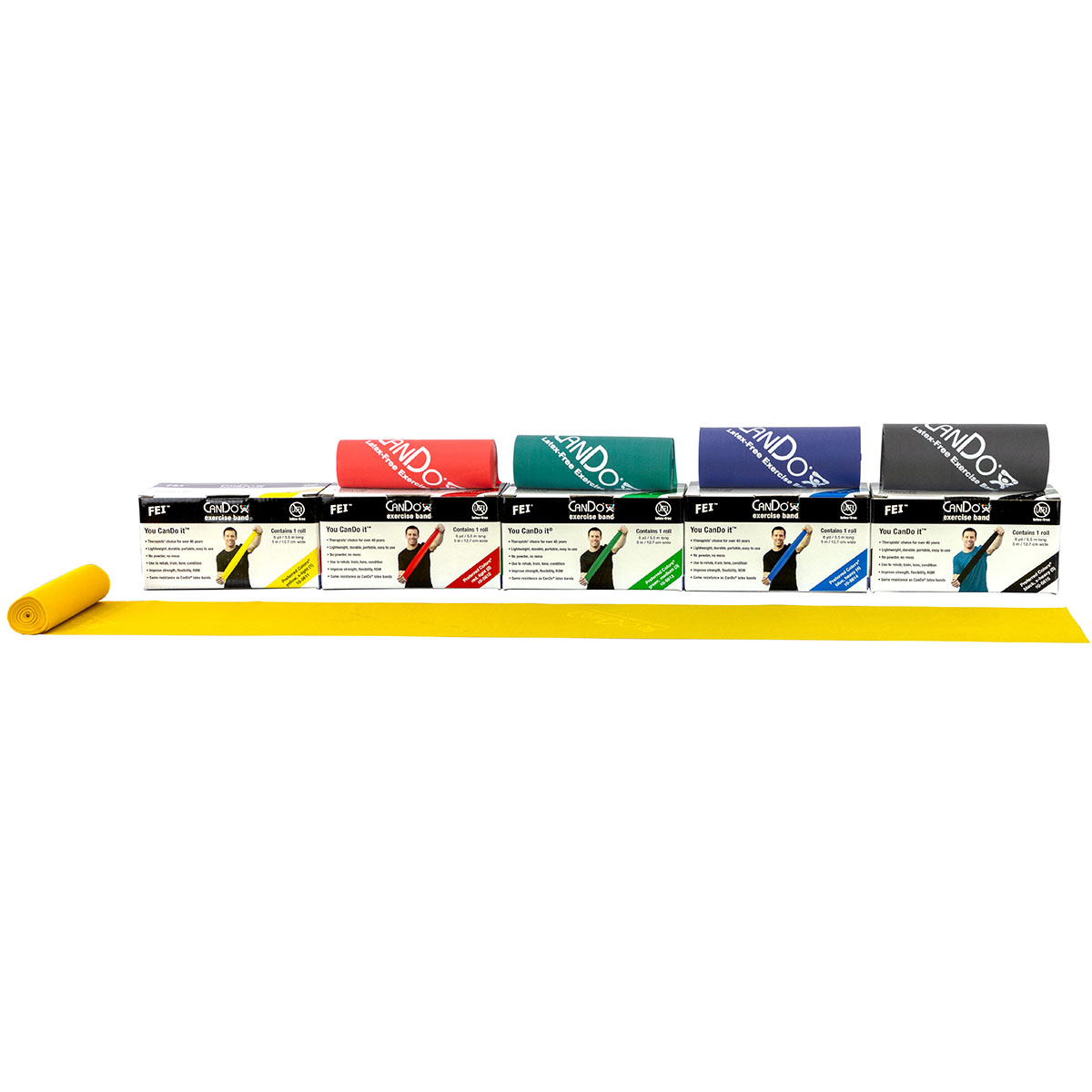 CanDo Latex Free Exercise Band - 6 yard rolls 5-piece set (1 each: yellow red green blue black)