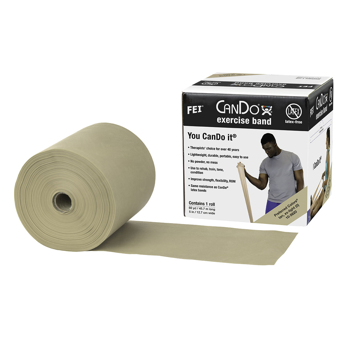 CanDo Latex Free Exercise Band - 50 yard roll - Tan - XX-light