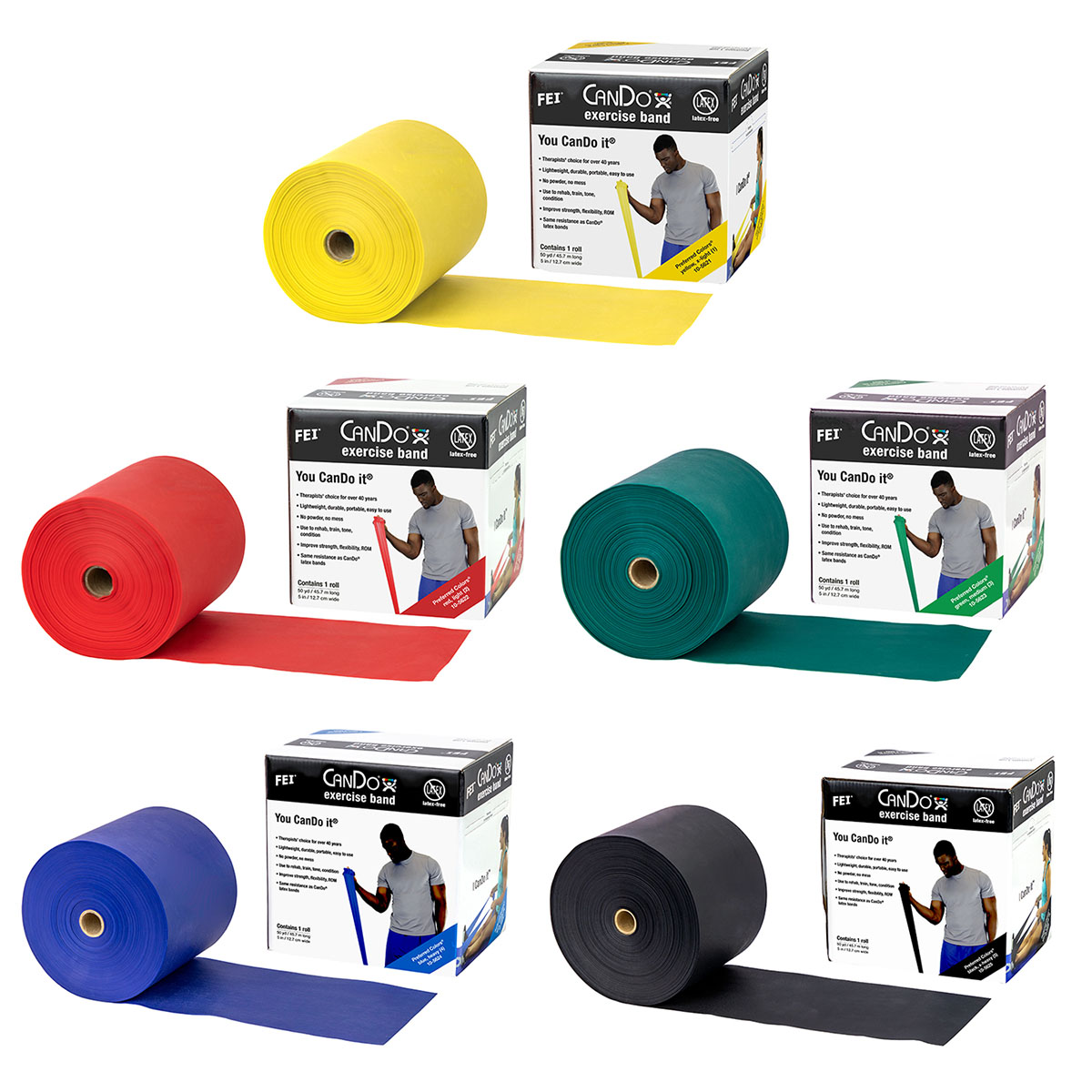 CanDo Latex Free Exercise Band - 50 yard rolls 5-piece set (1 each: yellow red green blue black)