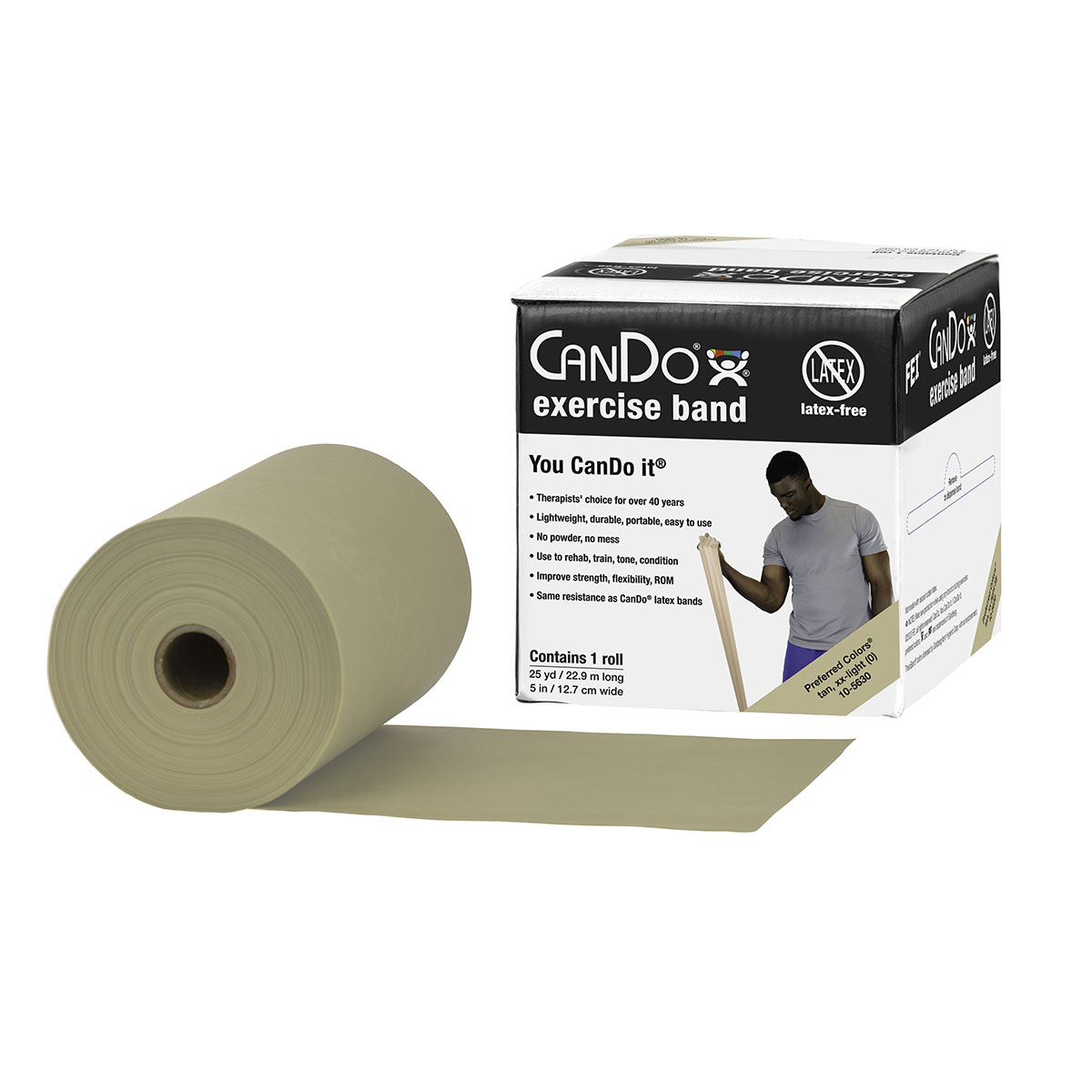 CanDo Latex Free Exercise Band - 25 yard roll - Tan - xx-light