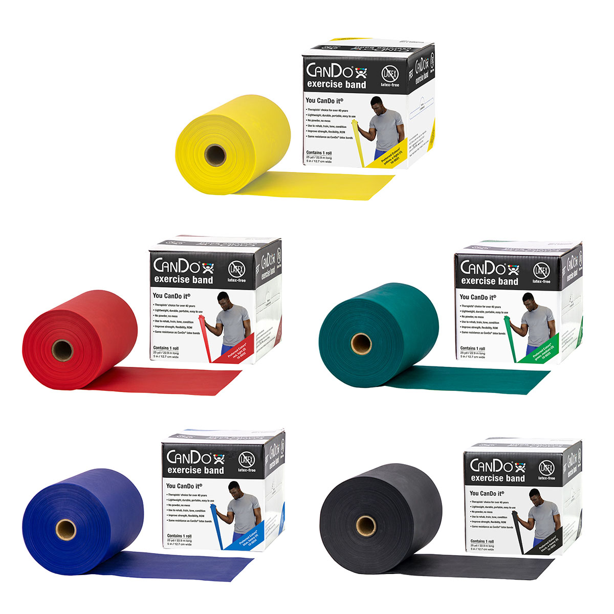 CanDo Latex Free Exercise Band - 25 yard rolls 5-piece set (1 each: yellow red green blue black)