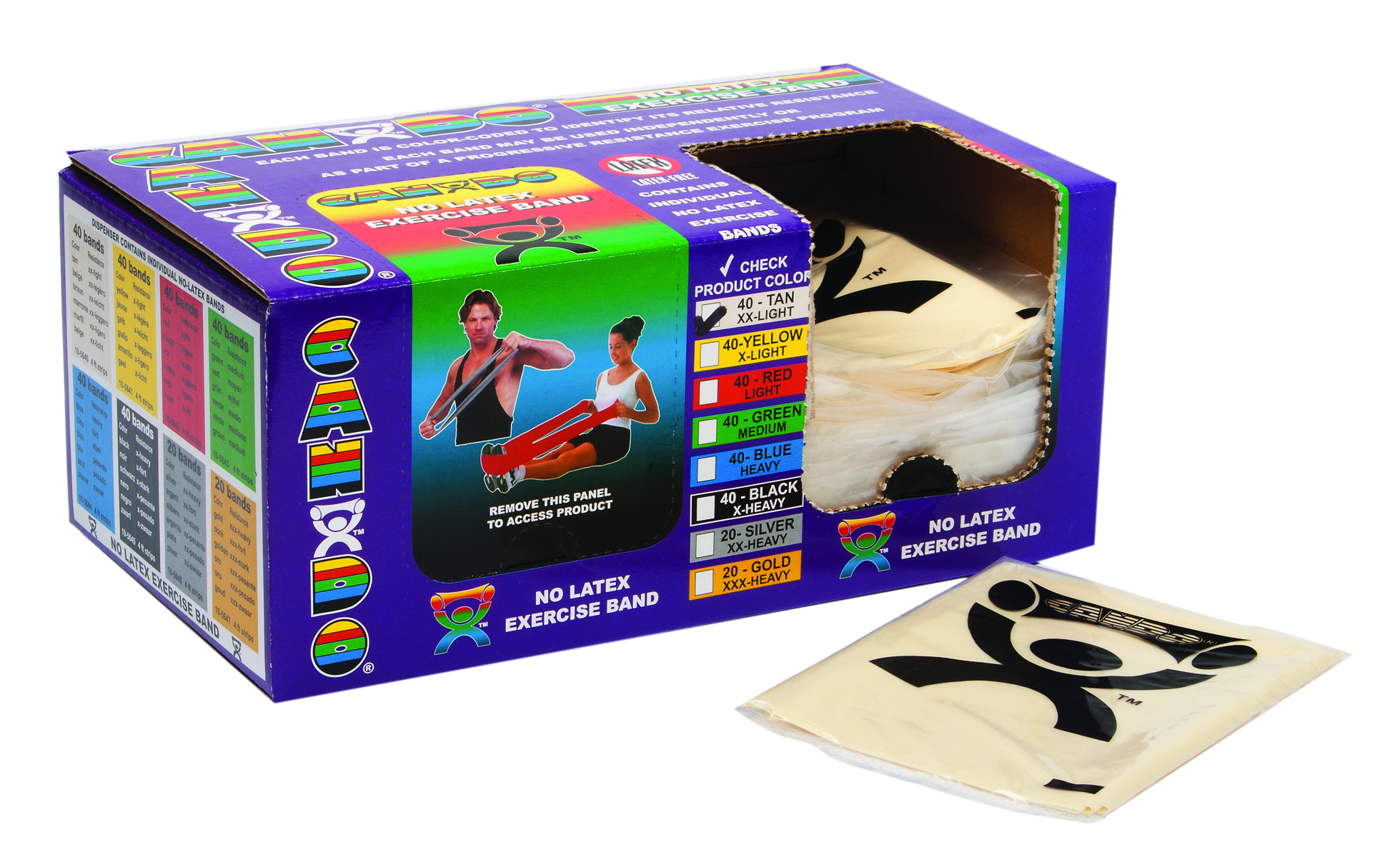 CanDo Latex Free Exercise Band - box of 40 4' length - Tan - xx-light